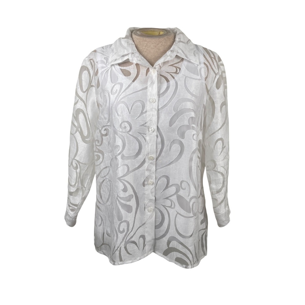 Elementz Womens White Burnout Floral Sheer Button Down Blouse with Tank Set M